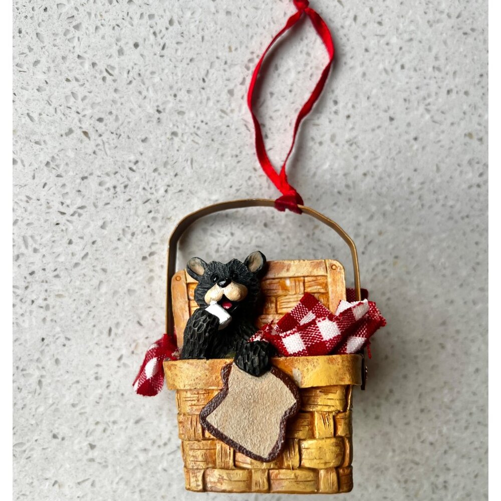 Black Bear In Basket Christmas Ornament With Red Ribbon By KSA Inc. NIB - Picture 2 of 10